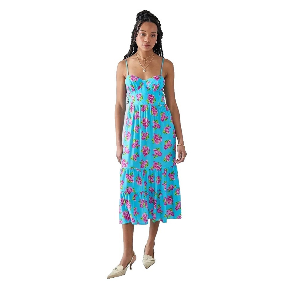 Betsey Johnson Ava Corset Midi Dress Women's 10 Blue Floral Tiered Spring Summer - Picture 4 of 12